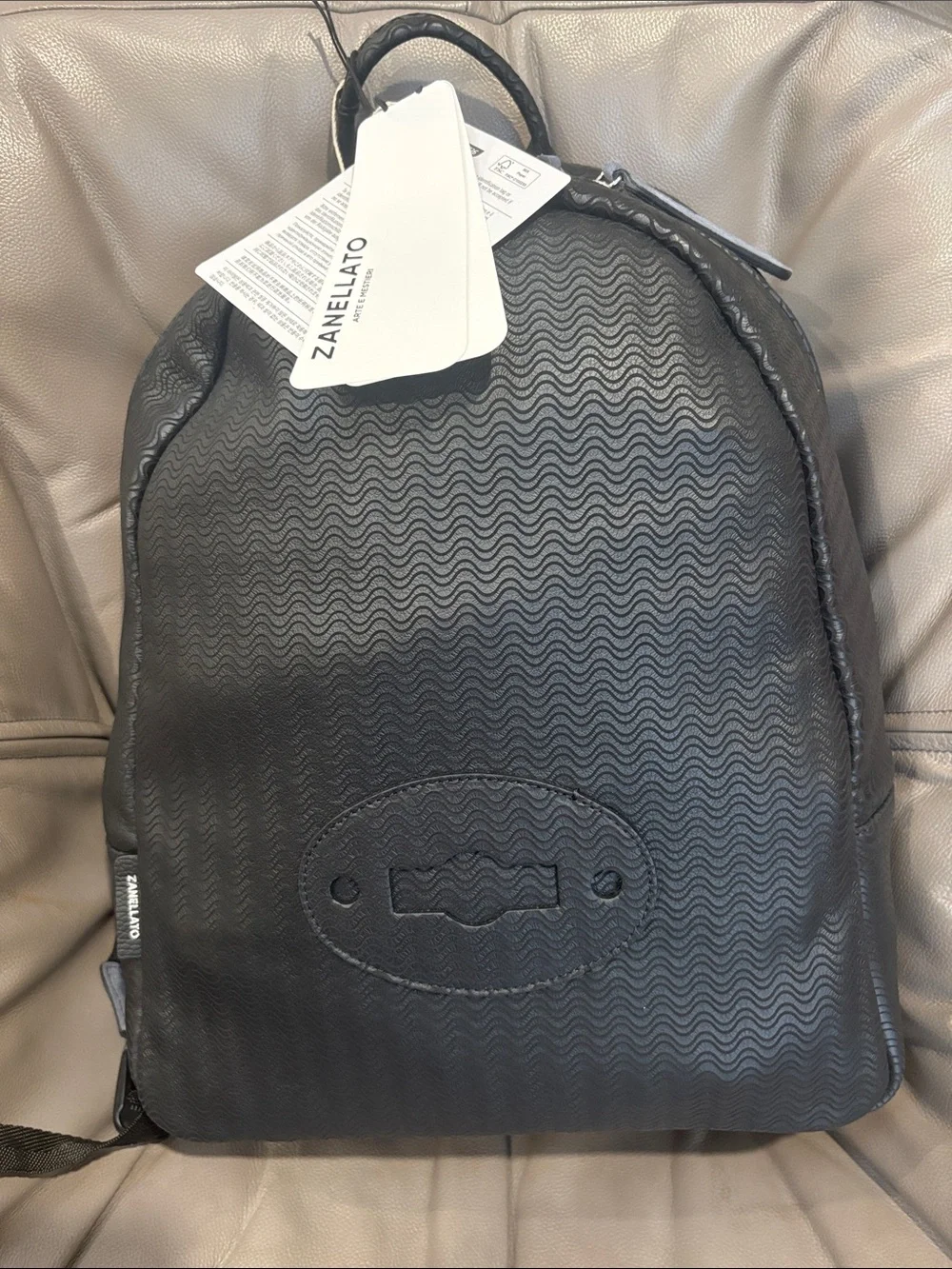 Zanella Black Textured Wave-Pattern Leather Backpack